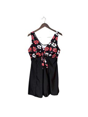 Floral Black Sleeveless Swimdress Red & White Hibiscus Print Womens Swimwear 4XL